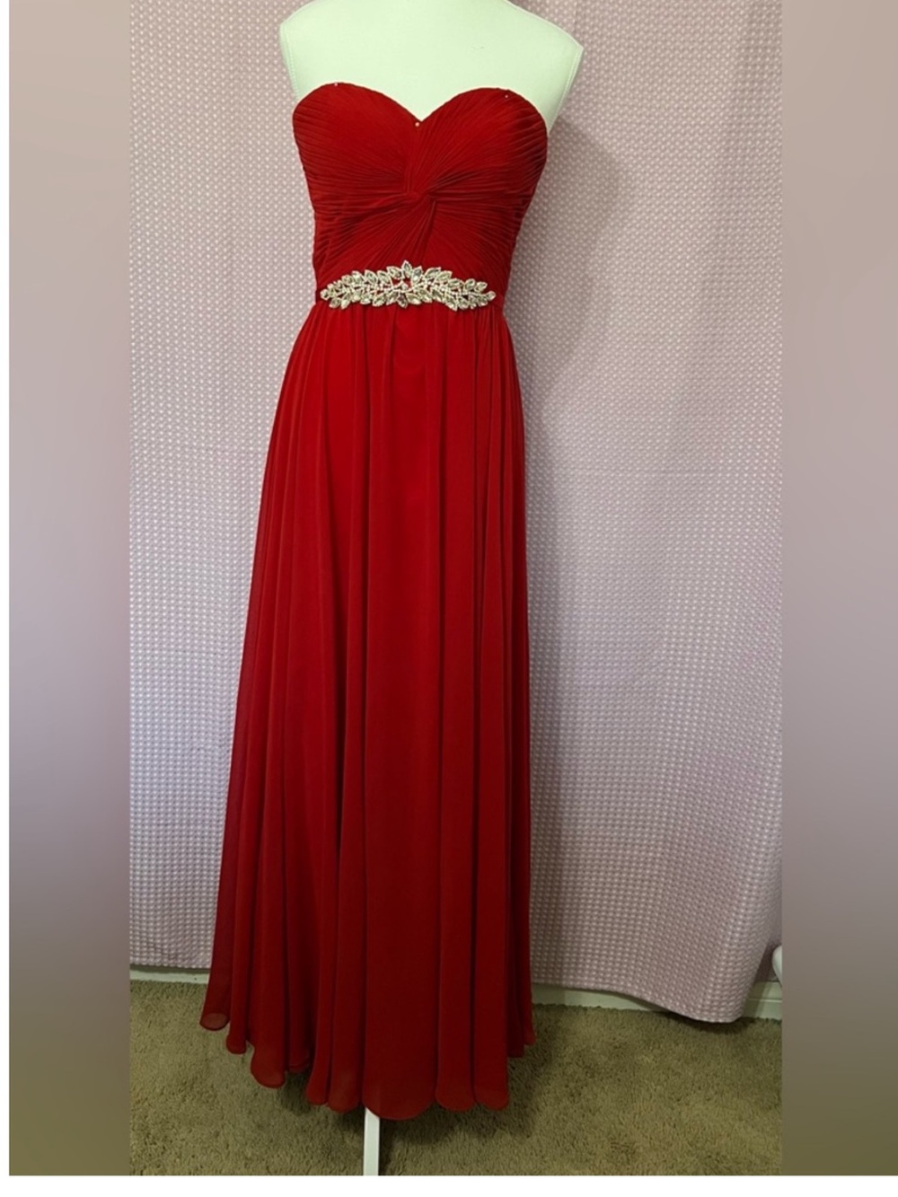 Cinderella Red Strapless Evening Gown with Jeweled Waist